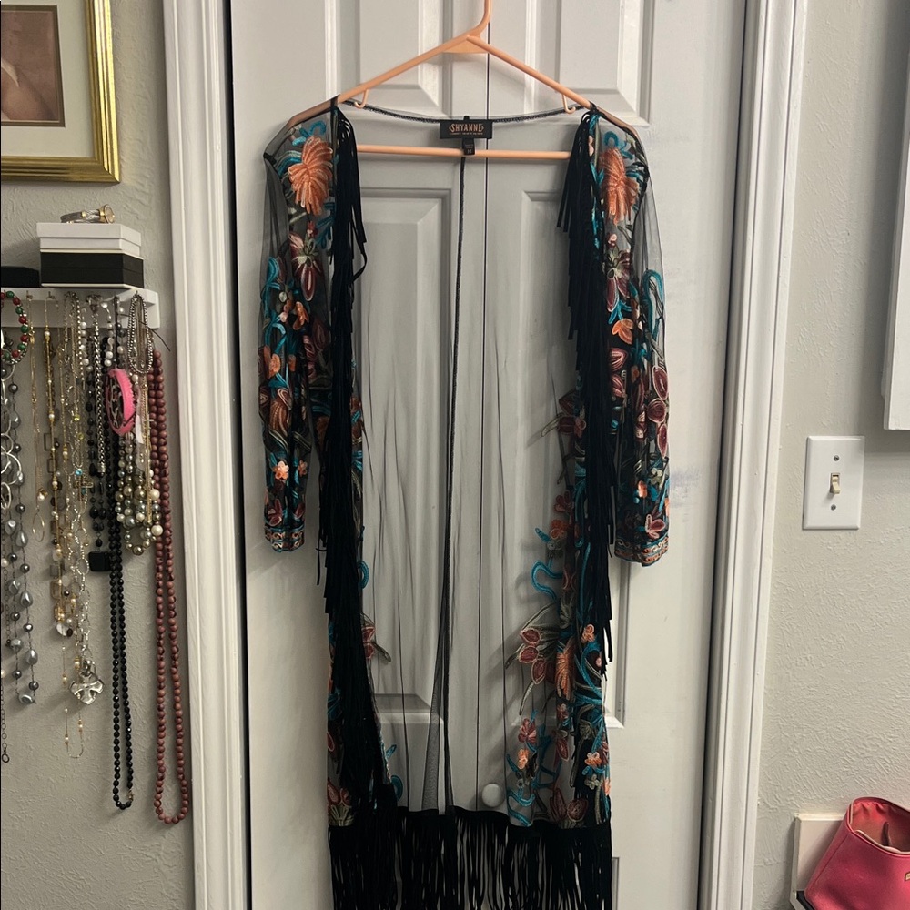 Shyanne Black Sheer Fringe Floral Embroidered Kimono